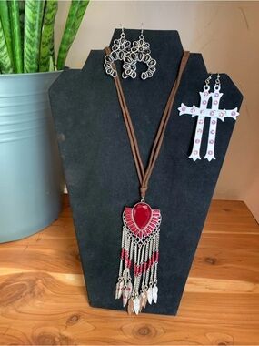 Boho Red Fringe Pendant Necklace with Brown Cord -